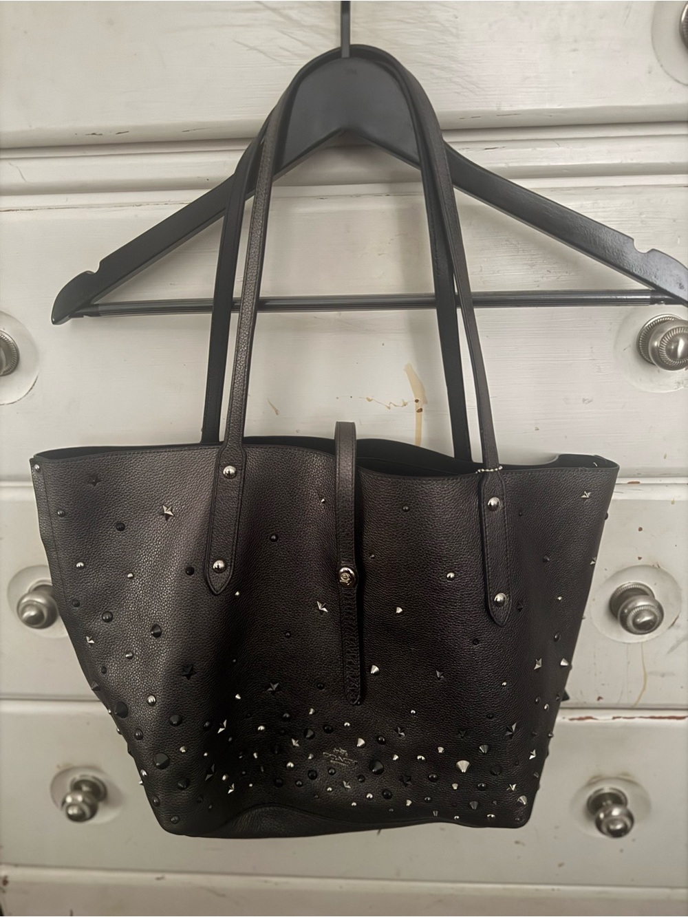 COACH Metallic Graphite Pebble Leather Star Rivet Studded Market Tote 59504